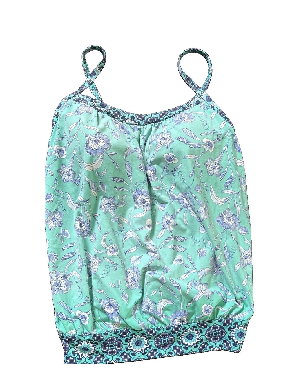 Lands End Tankini Swim Top Womens 10 Green Tropical Floral Lined Bra Blousey
